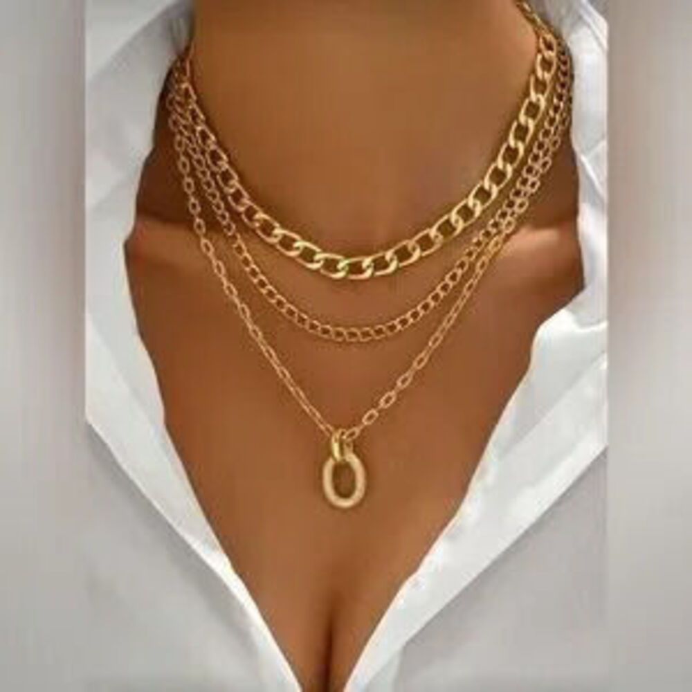Gold 1pc Layered Chain Necklace Layered Pendant Necklace - Picture 1 of 2